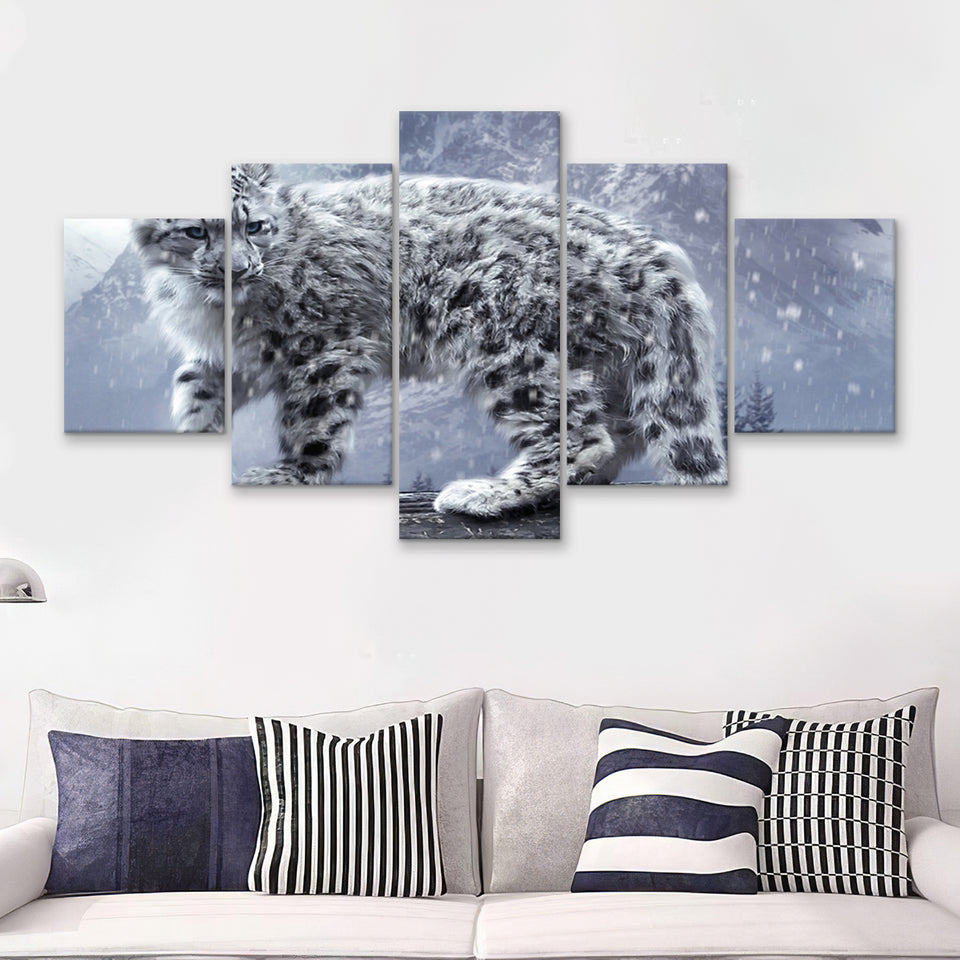 Snow Leopard Playing 5 Pieces Canvas Prints Wall Art - Painting Canvas, Multi Panel, Wall Decor, Canvas Art