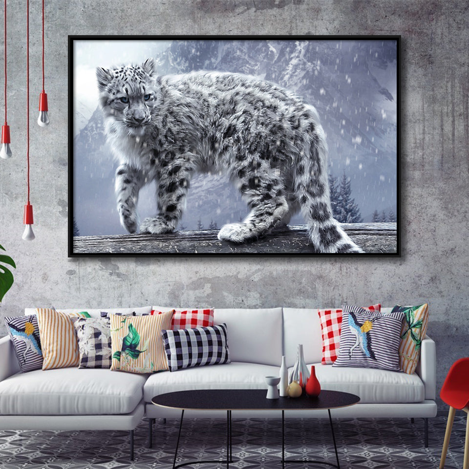 Snow Leopard Playing Framed Canvas Prints Wall Art - Painting Canvas, Wall Decor, Canvas Art, Floating Frame