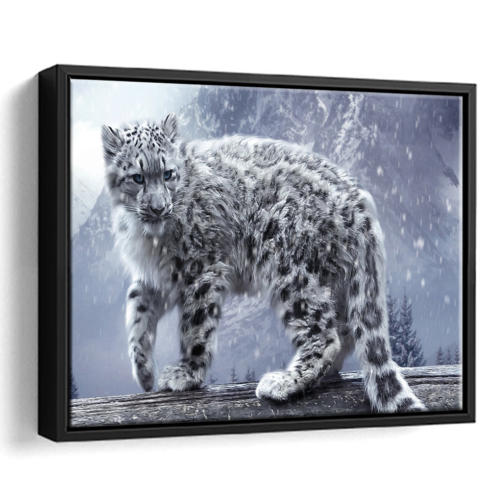 Snow Leopard Playing Framed Canvas Prints Wall Art - Painting Canvas, Wall Decor, Canvas Art, Floating Frame