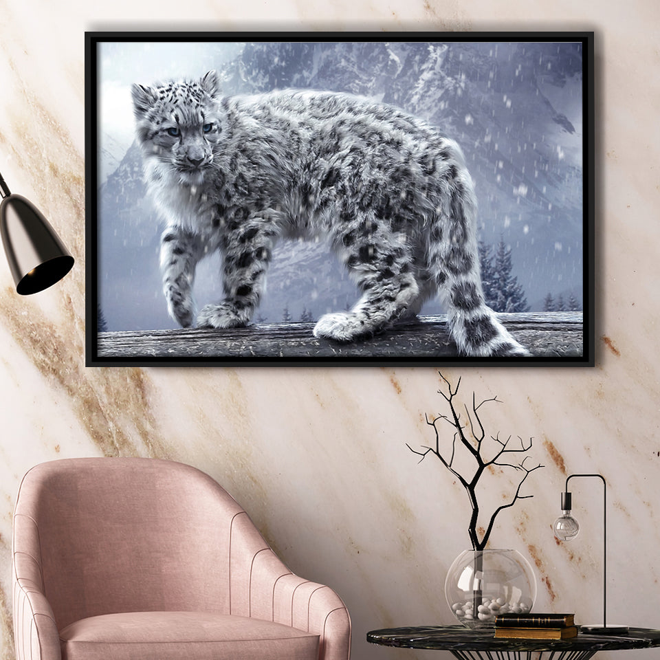 Snow Leopard Playing Framed Canvas Prints Wall Art - Painting Canvas, Wall Decor, Canvas Art, Floating Frame