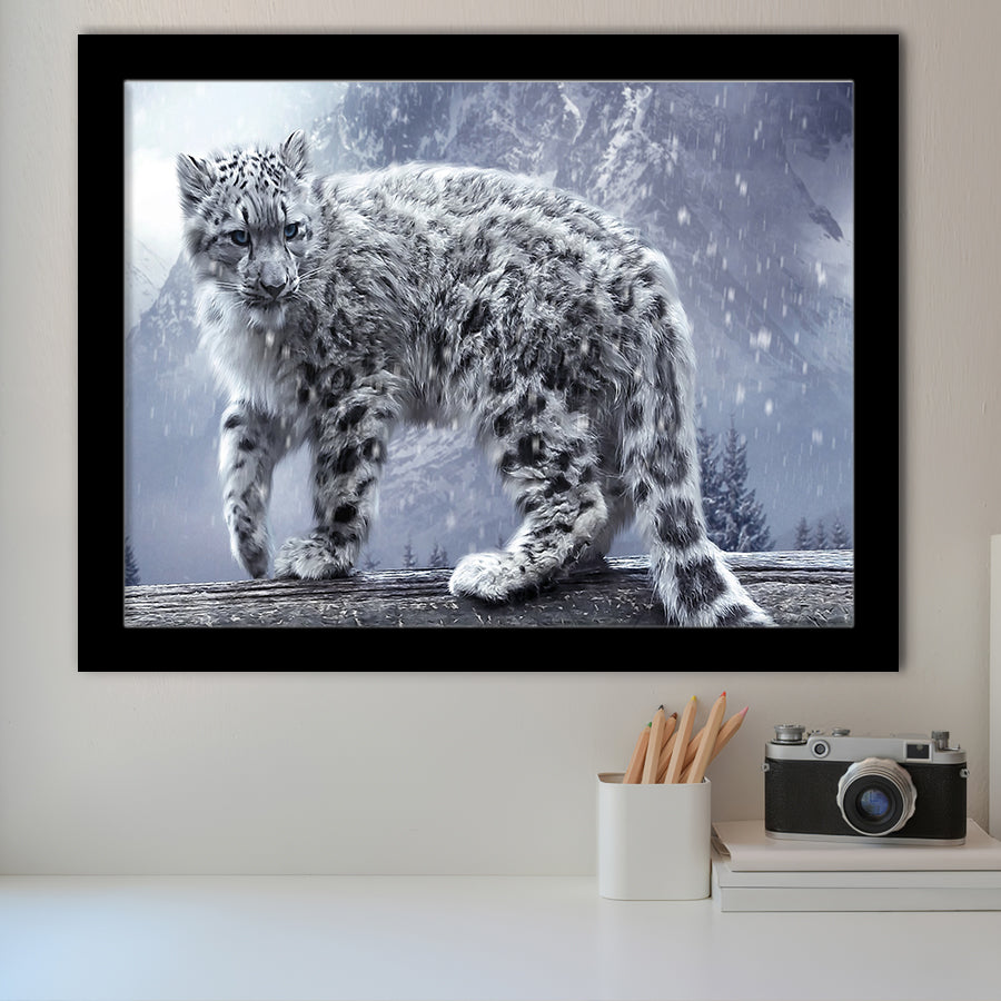 Snow Leopard Playing Framed Art Prints Wall Decor - Painting Prints, Wall Art, Framed Picture, Black Frame