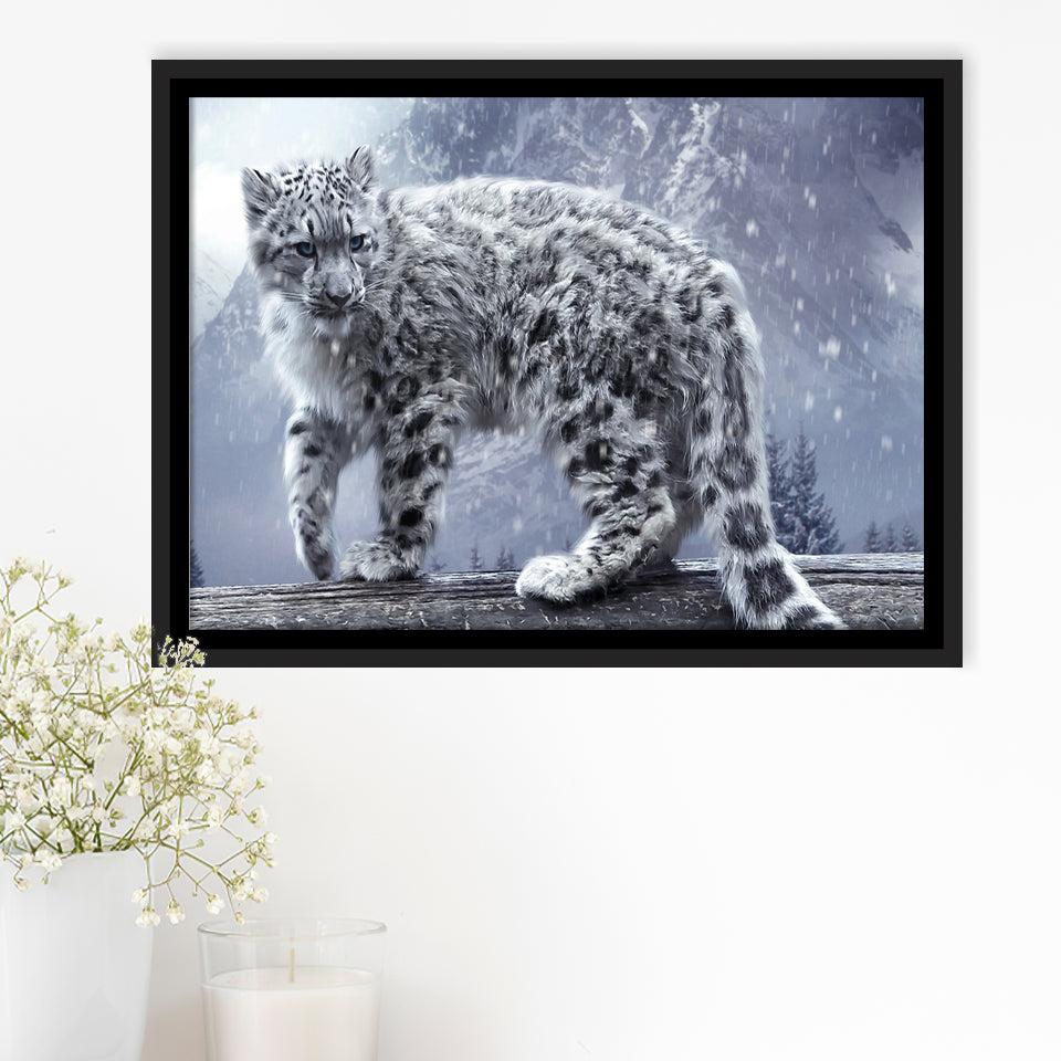 Snow Leopard Playing Framed Canvas Prints Wall Art - Painting Canvas, Wall Decor, Canvas Art, Floating Frame