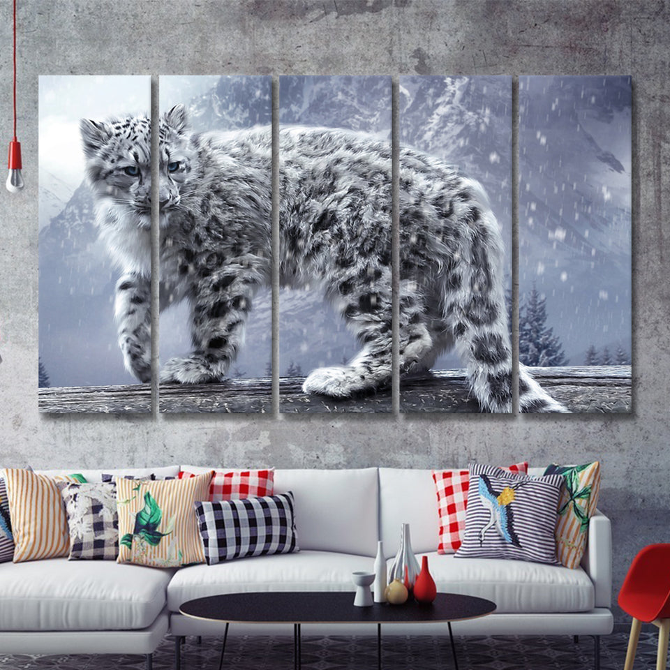 Snow Leopard Playing 5 Pieces B Canvas Prints Wall Art - Painting Canvas, Multi Panel, Wall Decor, Canvas Art