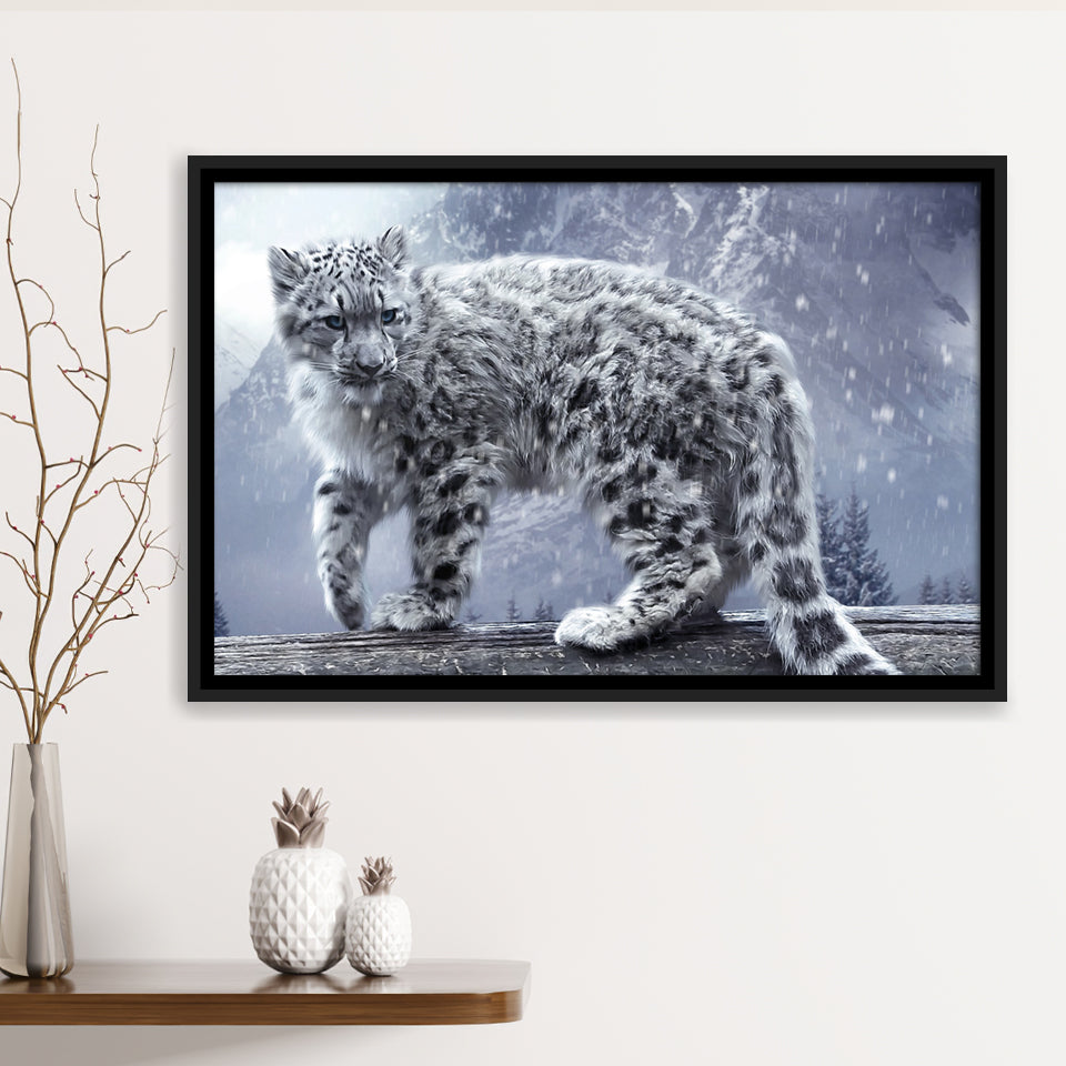 Snow Leopard Playing Framed Canvas Prints Wall Art - Painting Canvas, Wall Decor, Canvas Art, Floating Frame