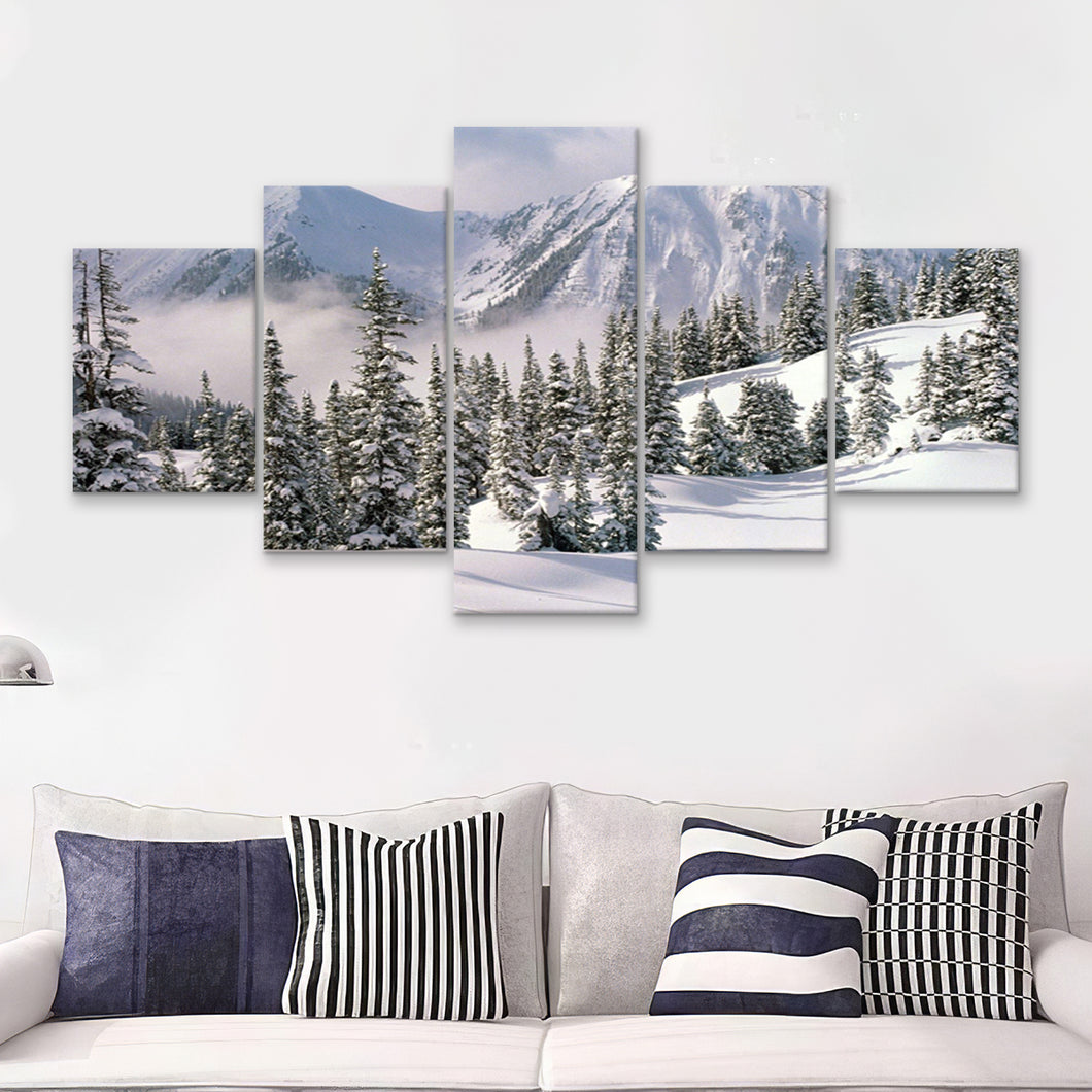 Snow Winter W Big Mountains  5 Pieces Canvas Prints Wall Art - Painting Canvas, Multi Panels, 5 Panel, Wall Decor