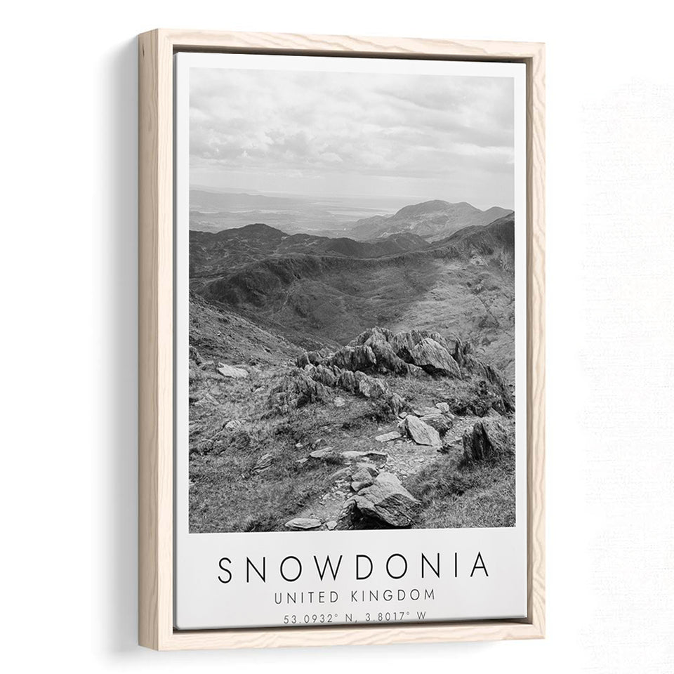 Snowdonia National Park Travel Art Black And White Decor Framed Canvas Prints Wall Art Home Decor, Floating Frame