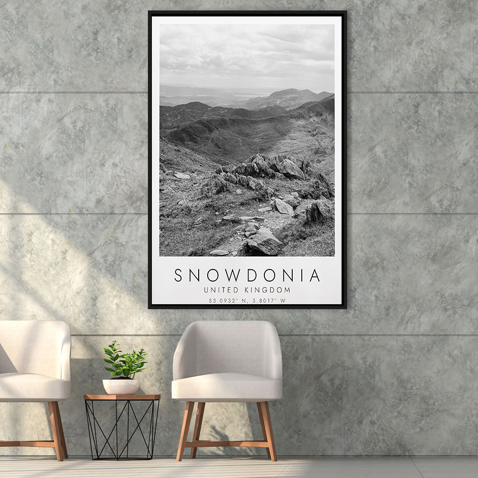 Snowdonia National Park Travel Art Black And White Decor Framed Canvas Prints Wall Art Home Decor, Floating Frame