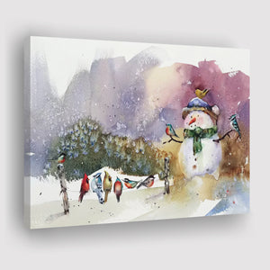 Snowman And Songbirds Oil Painting Xmas Canvas Prints Wall Art - Painting Canvas, Home Wall Decor, For Sale, Canvas Gift