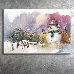 Snowman And Songbirds Oil Painting Xmas Canvas Prints Wall Art - Painting Canvas, Home Wall Decor, For Sale, Canvas Gift