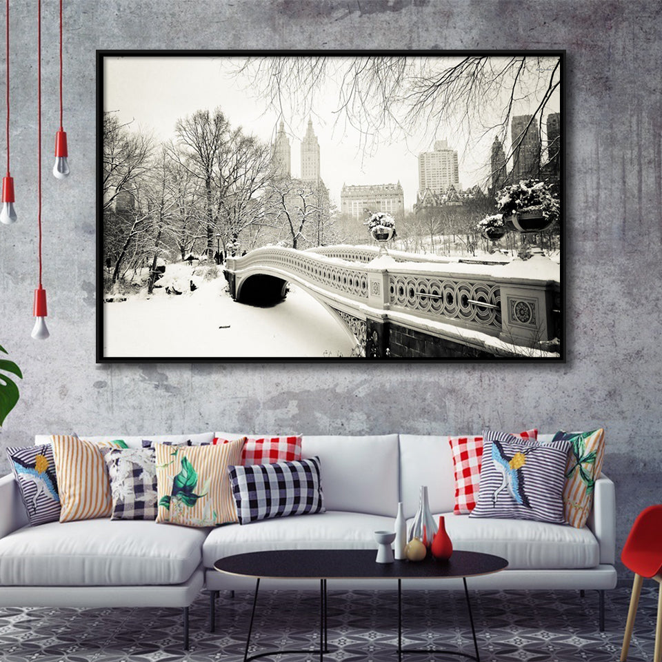 Snowy At Central Park New York City Framed Canvas Prints Wall Art - Painting Canvas, Wall Decor, Canvas Art, Floating Frame