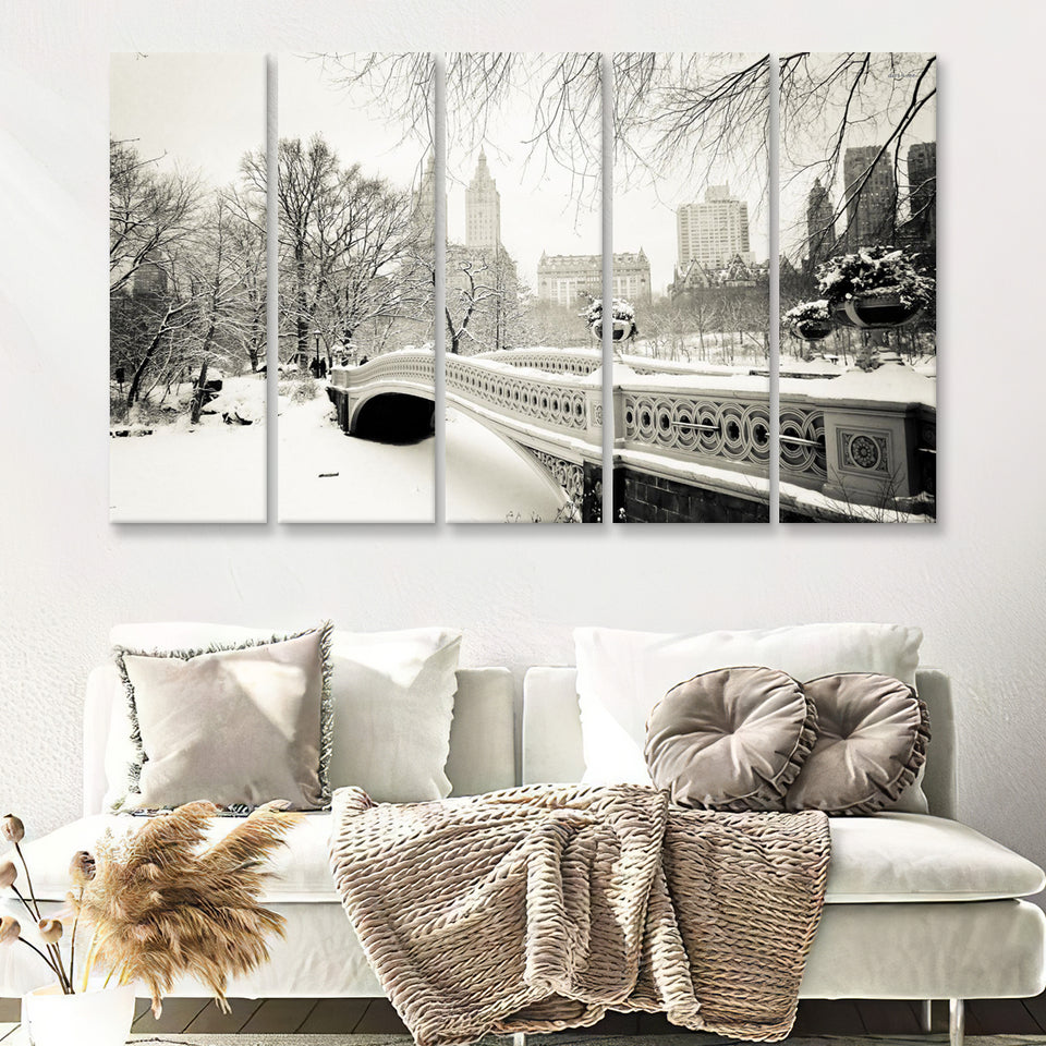 Snowy At Central Park New York City 5 Pieces B Canvas Prints Wall Art - Painting Canvas, Multi Panel, Wall Decor, Canvas Art