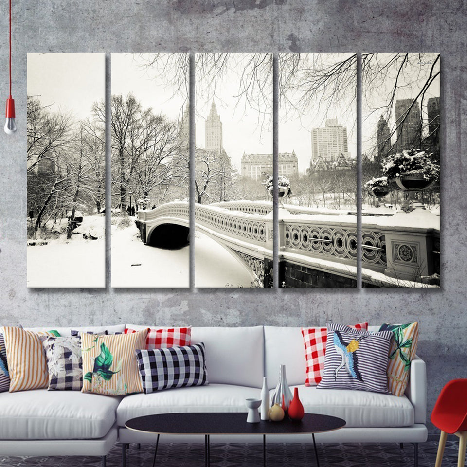 Snowy At Central Park New York City 5 Pieces B Canvas Prints Wall Art - Painting Canvas, Multi Panel, Wall Decor, Canvas Art