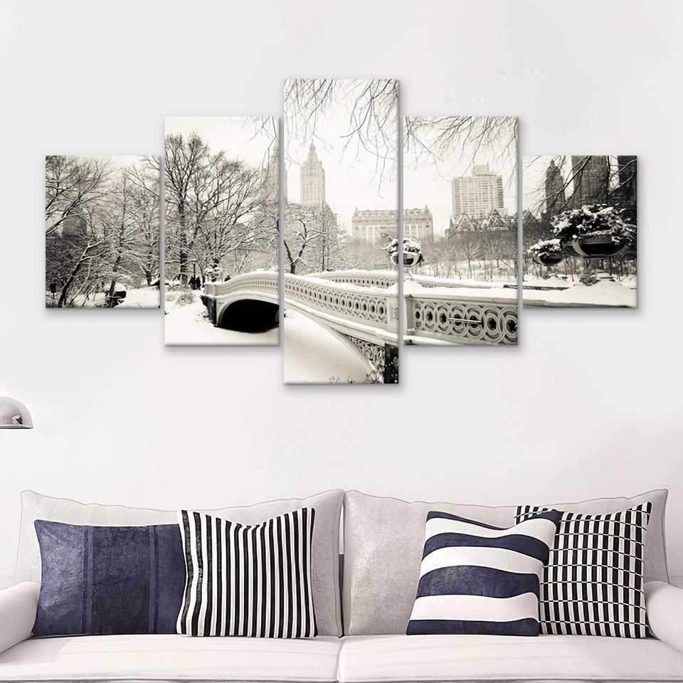 Snowy At Central Park New York City 5 Pieces Canvas Prints Wall Art - Painting Canvas, Multi Panel, Wall Decor, Canvas Art