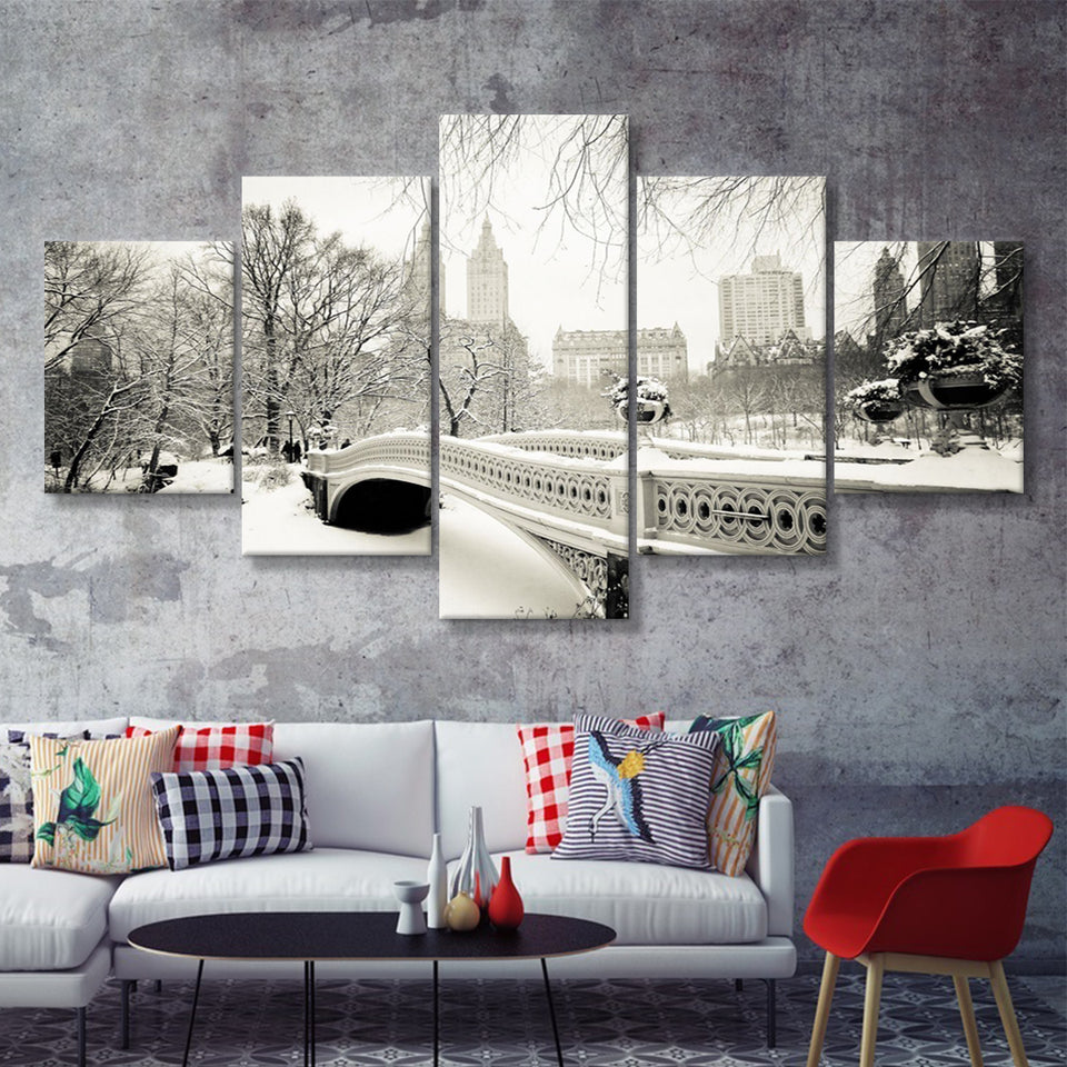 Snowy At Central Park New York City 5 Pieces Canvas Prints Wall Art - Painting Canvas, Multi Panel, Wall Decor, Canvas Art