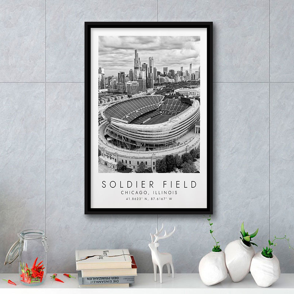 Soldier Field Chicago Bears American Football Lovers Black And White Framed Canvas Prints Wall Art Home Decor, Floating Frame