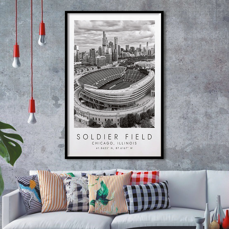 Soldier Field Chicago Bears American Football Lovers Black And White Art Framed Art Prints Wall Art Decor, Framed Picture