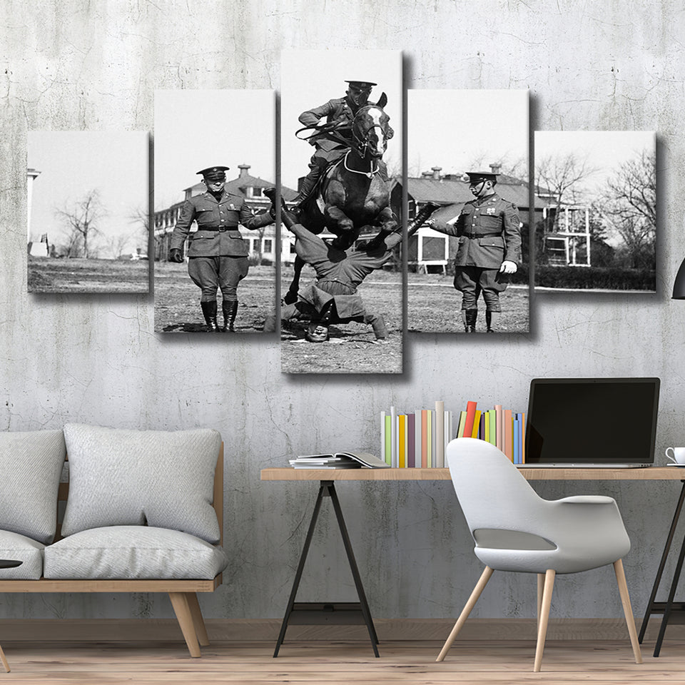Soldier Horse Jump Black And White Print, Military History 5 Panels, Canvas Prints Wall Art Decor, Large Canvas Art