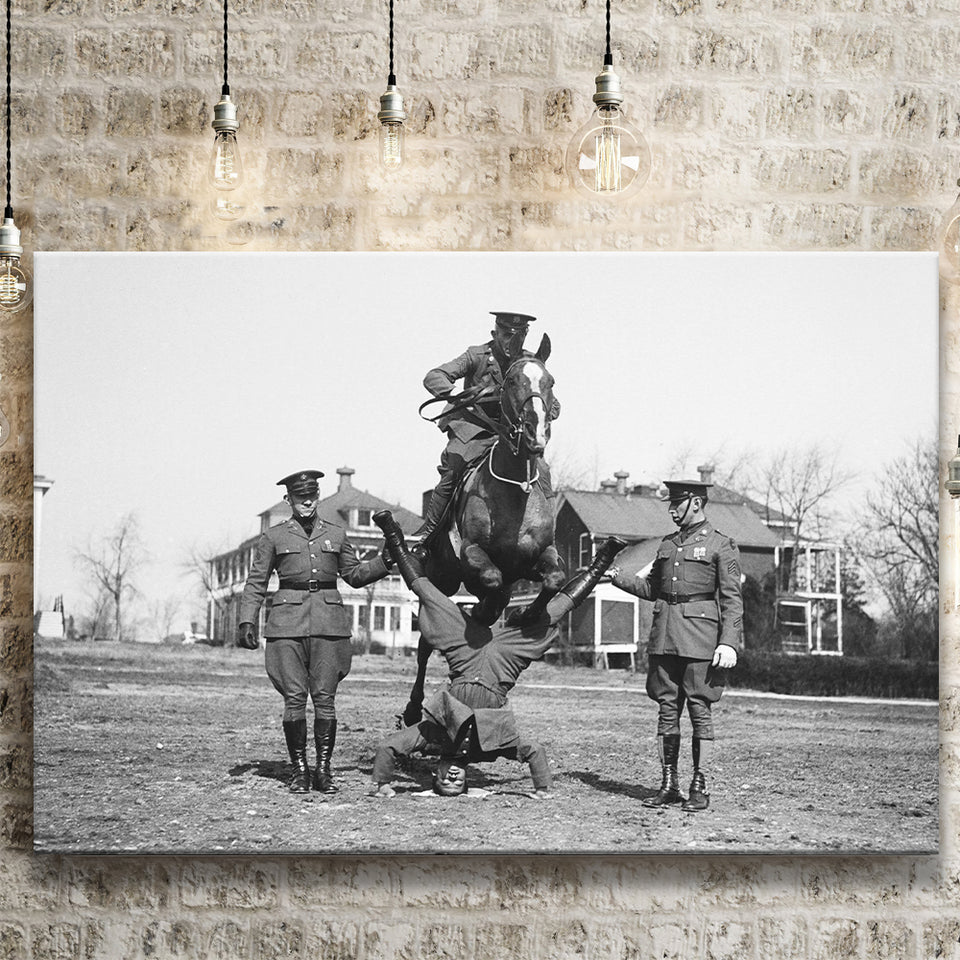 Soldier Horse Jump Black And White Print, Military History Canvas Prints Wall Art Home Decor