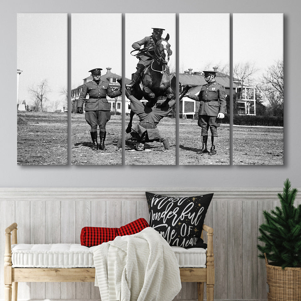 Soldier Horse Jump Black And White Print, Military History Larger Canvas Art, 5 Piece Canvas Prints Wall Art Decor
