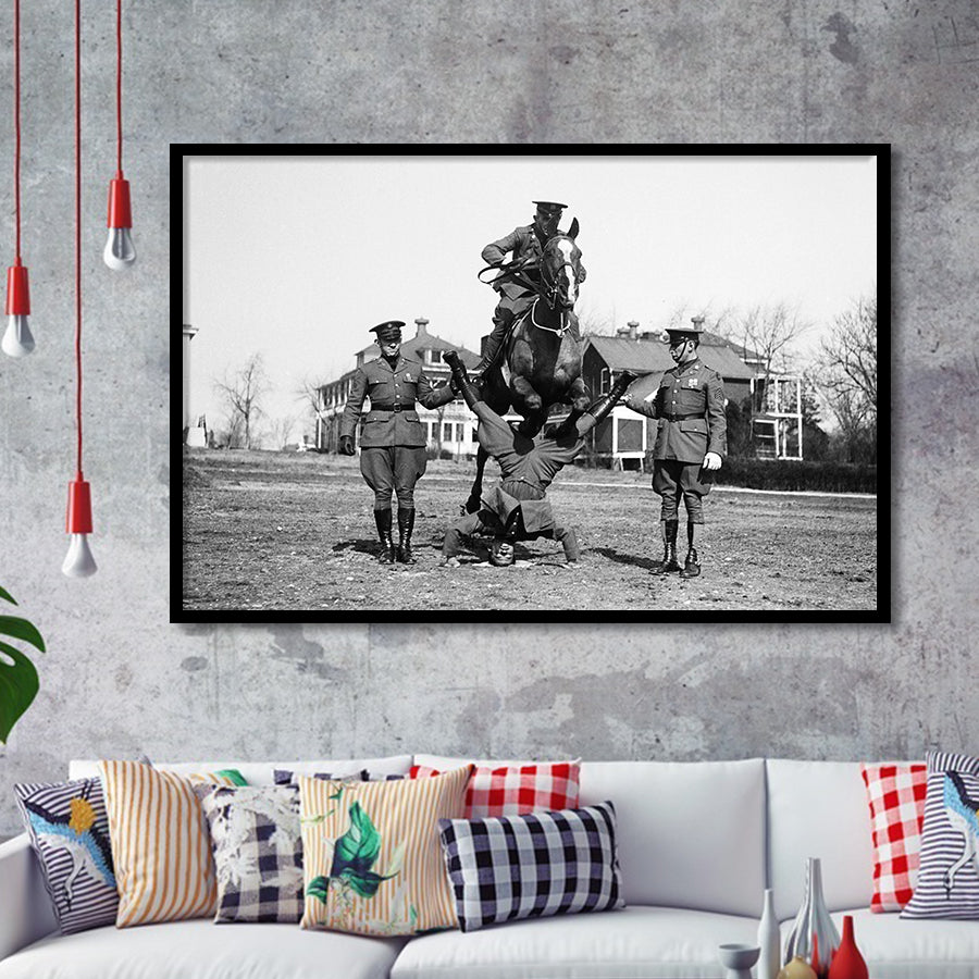 Soldier Horse Jump Black And White Print, Military History Framed Art Prints, Wall Art,Home Decor,Framed Picture