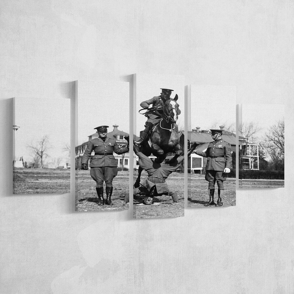 Soldier Horse Jump Black And White Print, Military History 5 Panels, Canvas Prints Wall Art Decor, Large Canvas Art
