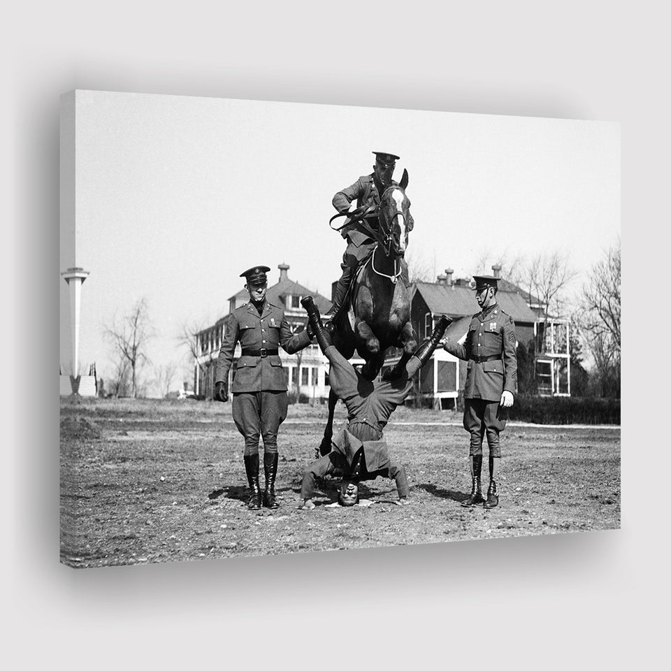 Soldier Horse Jump Black And White Print, Military History Canvas Prints Wall Art Home Decor