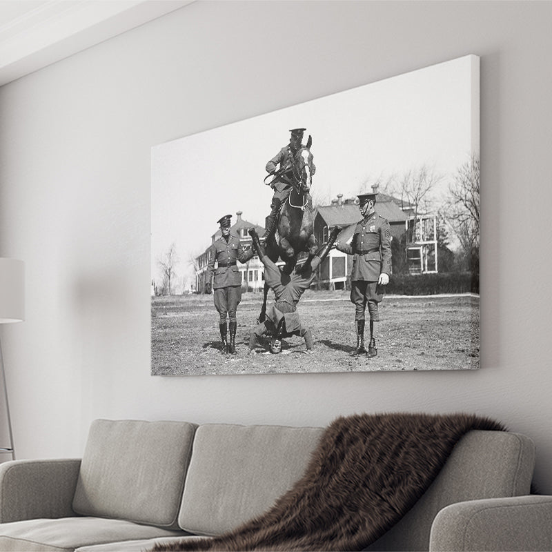 Soldier Horse Jump Black And White Print, Military History Canvas Prints Wall Art Home Decor