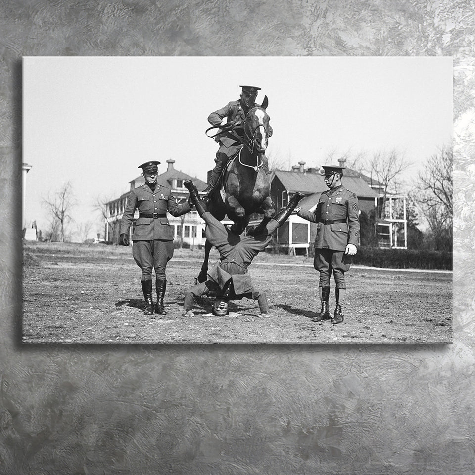 Soldier Horse Jump Black And White Print, Military History Canvas Prints Wall Art Home Decor
