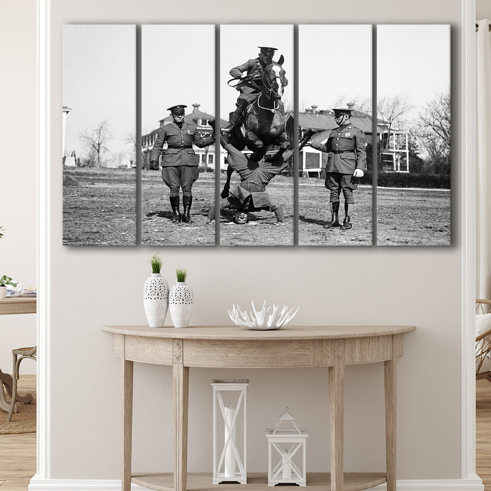 Soldier Horse Jump Black And White Print, Military History Larger Canvas Art, 5 Piece Canvas Prints Wall Art Decor