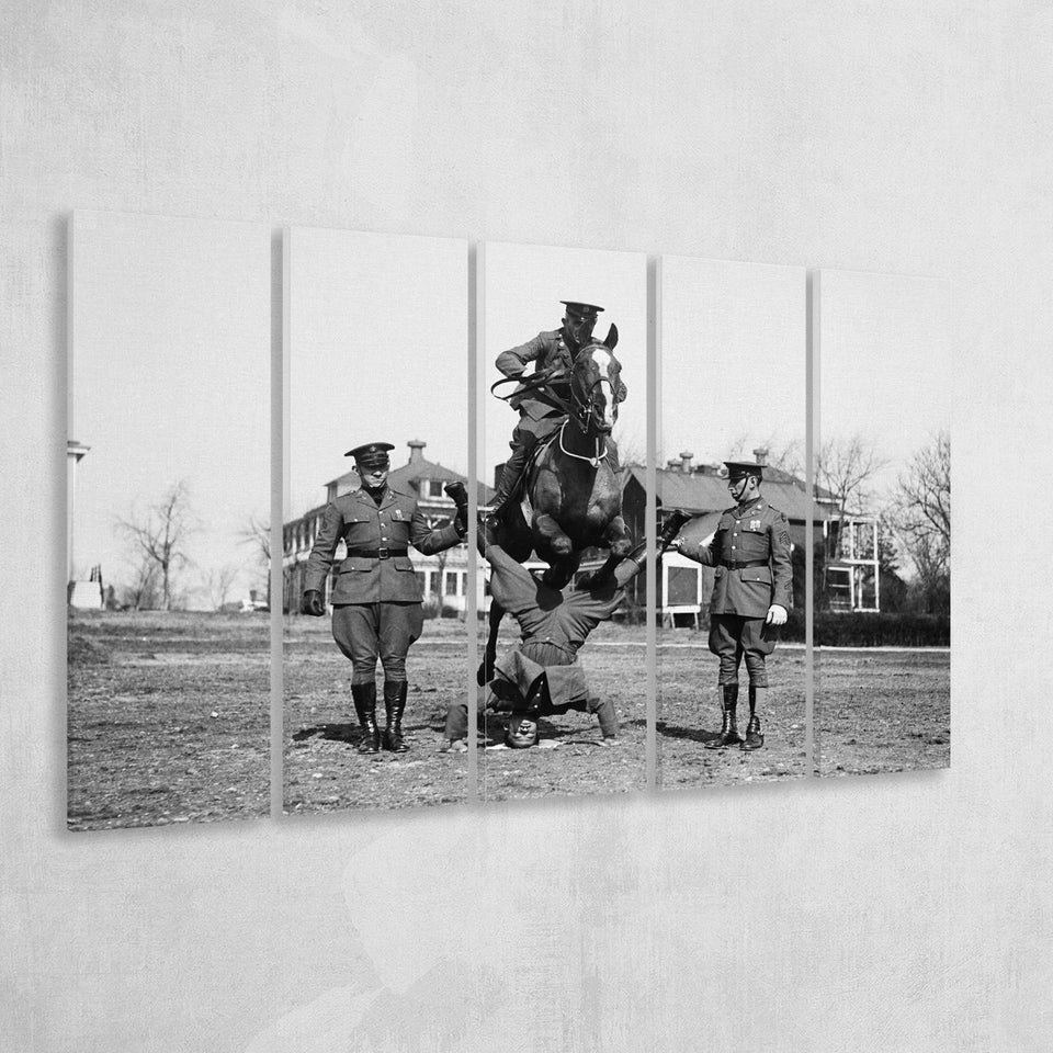 Soldier Horse Jump Black And White Print, Military History Larger Canvas Art, 5 Piece Canvas Prints Wall Art Decor
