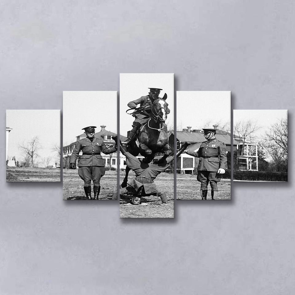 Soldier Horse Jump Black And White Print, Military History 5 Panels, Canvas Prints Wall Art Decor, Large Canvas Art