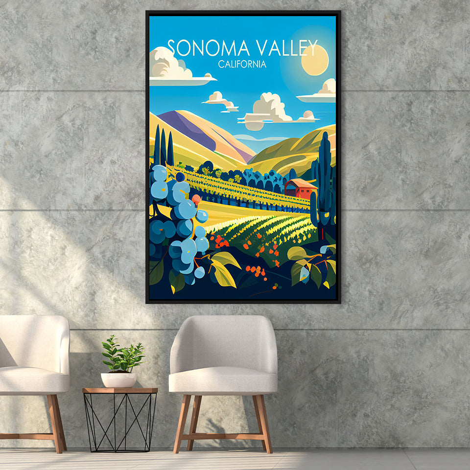 Sonoma Valley California Retro Art Print, Large Canvas, Framed Canvas Print Wall Art Home Decor, Floating Frame
