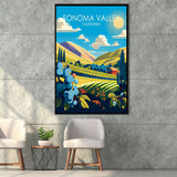 Sonoma Valley California Retro Art Print, Large Canvas, Framed Canvas Print Wall Art Home Decor, Floating Frame