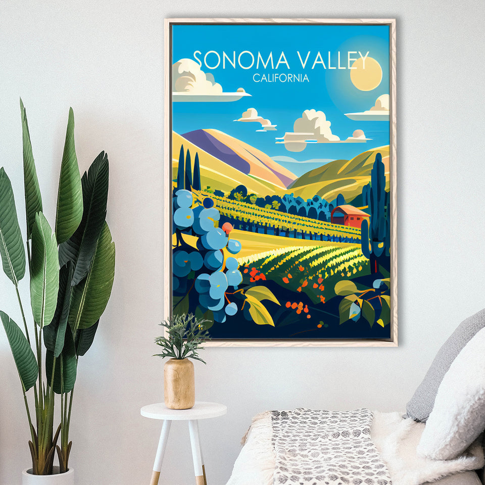 Sonoma Valley California Retro Art Print, Large Canvas, Framed Canvas Print Wall Art Home Decor, Floating Frame