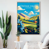 Sonoma Valley California Retro Art Print, Large Canvas, Framed Canvas Print Wall Art Home Decor, Floating Frame