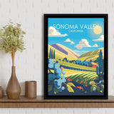 Sonoma Valley California Retro Art Print, Large Canvas, Framed Canvas Print Wall Art Home Decor, Floating Frame