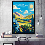 Sonoma Valley California Retro Art Print, City Art Print, Framed Art Print Wall Art Home Decor, Framed Picture