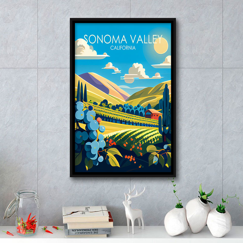 Sonoma Valley California Retro Art Print, Large Canvas, Framed Canvas Print Wall Art Home Decor, Floating Frame