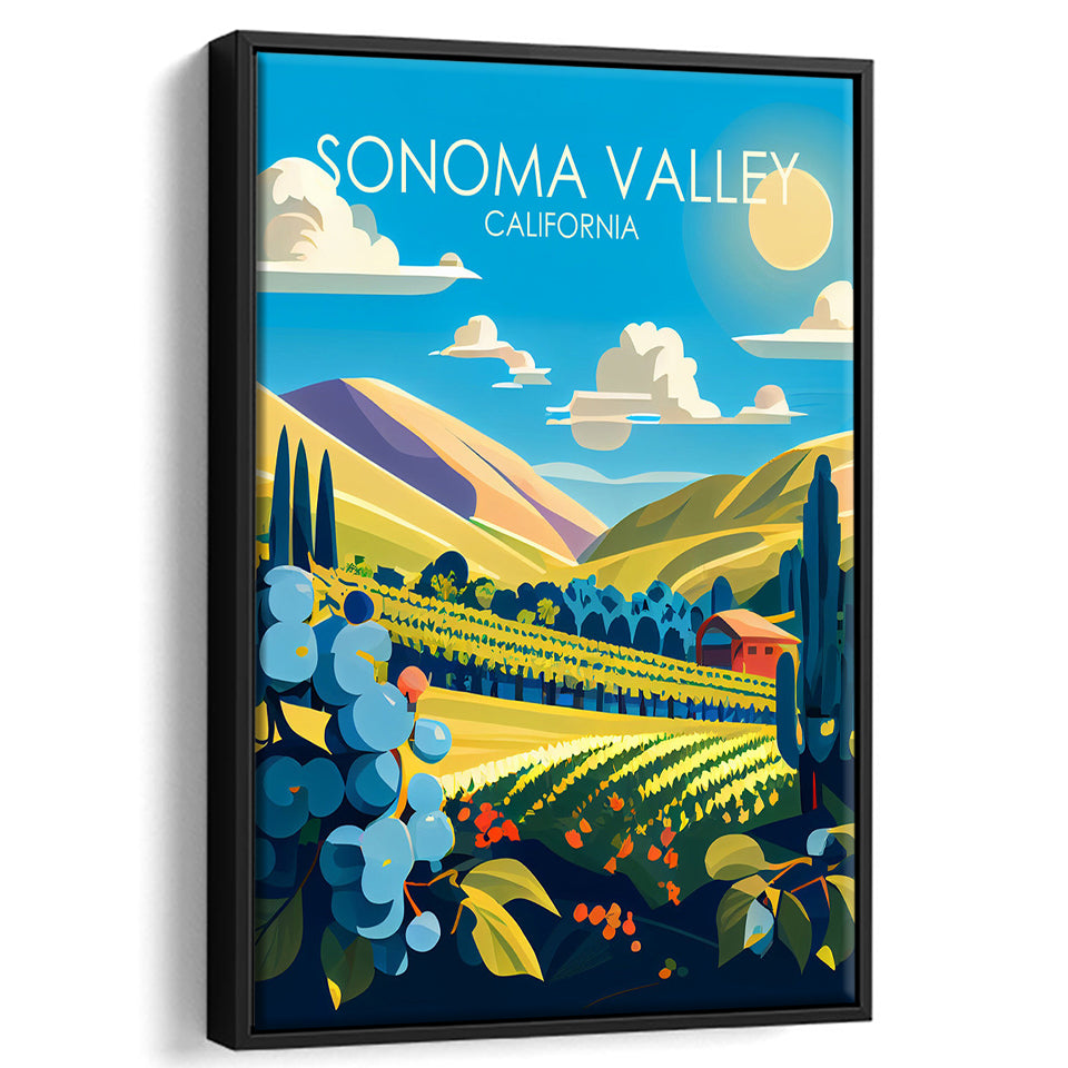 Sonoma Valley California Retro Art Print, Large Canvas, Framed Canvas Print Wall Art Home Decor, Floating Frame