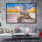 South Portland Maine Usa Breakwater Light City Art Watercolor Framed Canvas Prints Wall Art Home Decor,Floating Frame