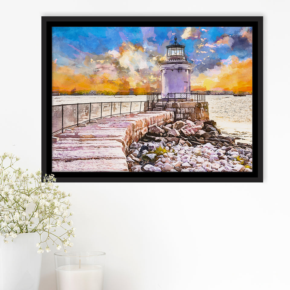 South Portland Maine Usa Breakwater Light City Art Watercolor Framed Canvas Prints Wall Art Home Decor,Floating Frame