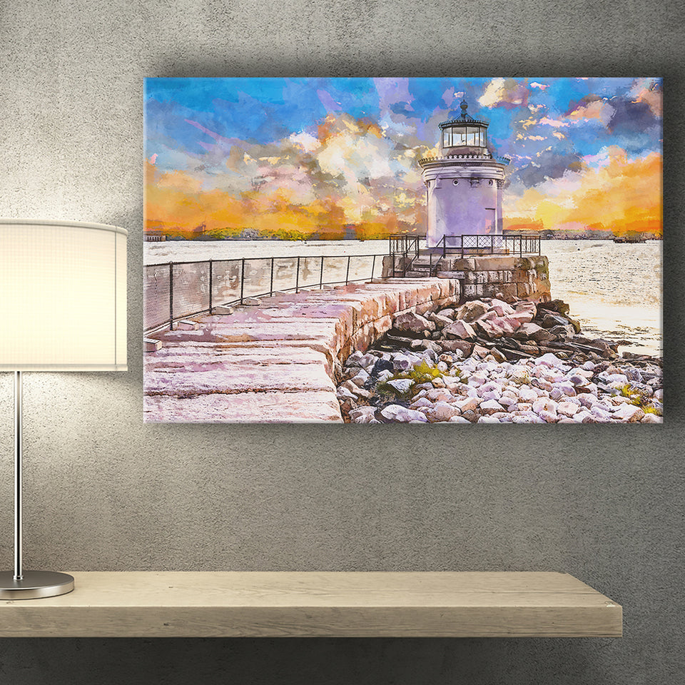 South Portland Maine Usa Breakwater Light City Art Watercolor Canvas Prints Wall Art Home Decor, Large Canvas