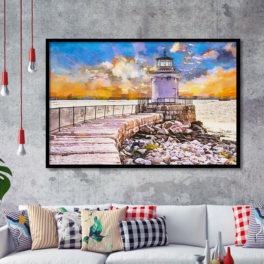 South Portland Maine Usa Breakwater Light City Art Watercolor Framed Art Prints Wall Art Decor,Framed Picture