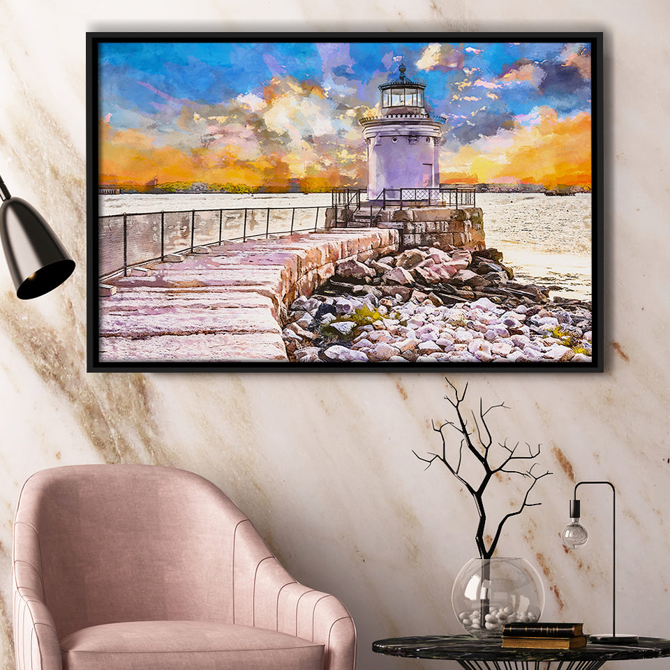 South Portland Maine Usa Breakwater Light City Art Watercolor Framed Canvas Prints Wall Art Home Decor,Floating Frame
