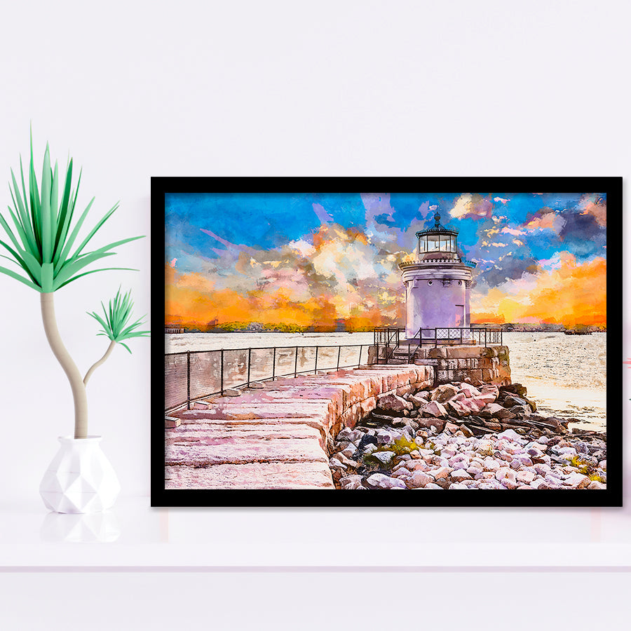 South Portland Maine Usa Breakwater Light City Art Watercolor Framed Art Prints Wall Art Decor,Framed Picture