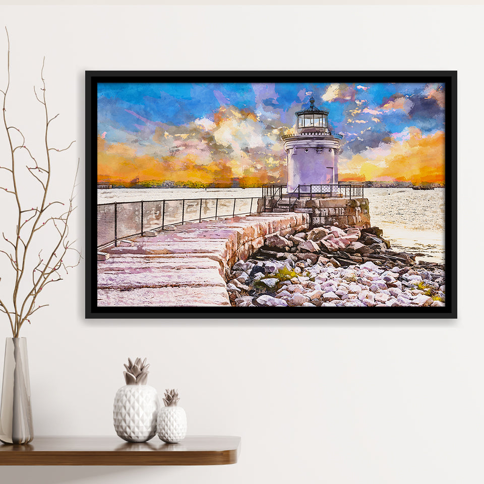 South Portland Maine Usa Breakwater Light City Art Watercolor Framed Canvas Prints Wall Art Home Decor,Floating Frame