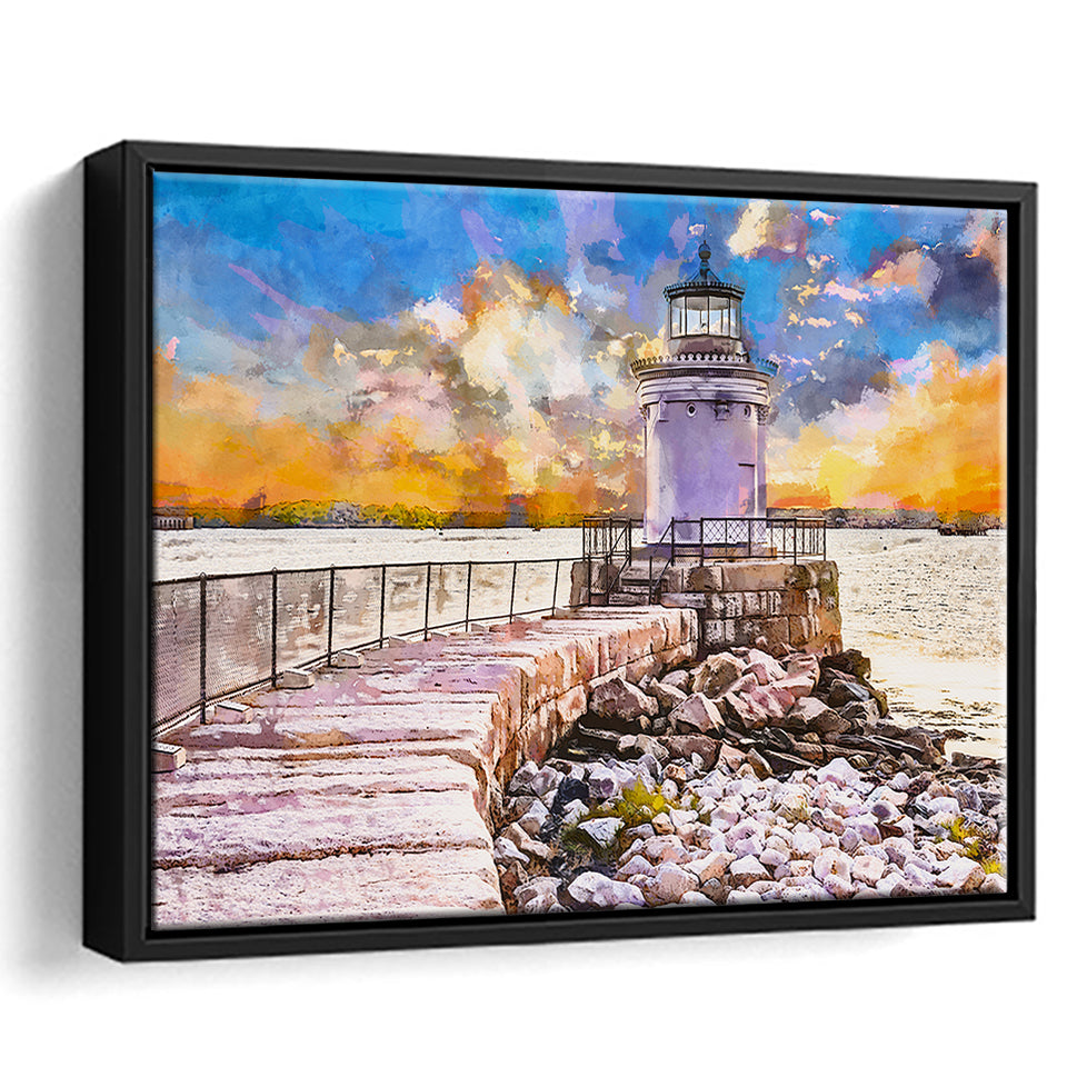 South Portland Maine Usa Breakwater Light City Art Watercolor Framed Canvas Prints Wall Art Home Decor,Floating Frame