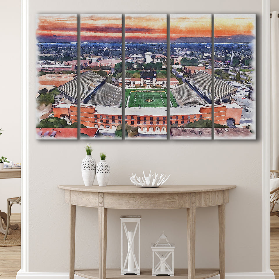 Southern Miss Golden Eagles M M Roberts Stadium Watercolor, 5 Pieces B, Multi Panel Canvas Prints Wall Art Decor