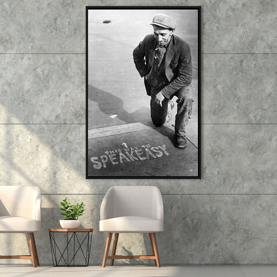 Speakeasy Black And White Print, This Way To Speakeasy Framed Canvas Prints Wall Art Home Decor, Floating Frame