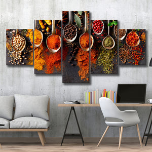 Spices Kitchen Art Herbs 5 Piece Canvas Prints Wall Art Decor, Multi Panels, Mixed Canvas